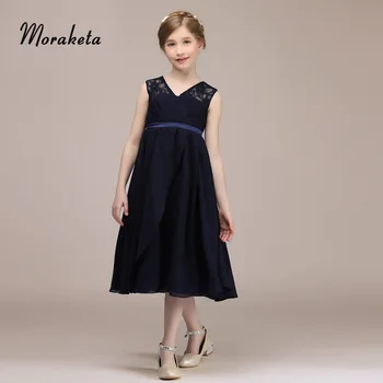 

Shoulder Straps Sleeveless V-neck A-line Tea-length Navy Blue Chiffon Junior Bridesmaid Dresses 2019 Kids Formal Dresses