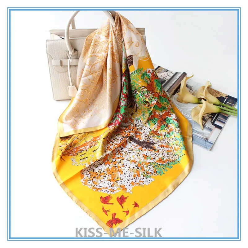 

KMS Tropical Jungle Forest sunscreen scarf shawl twill silk big square scarf mulberry-silk scarf shawl 90*90CM/50G