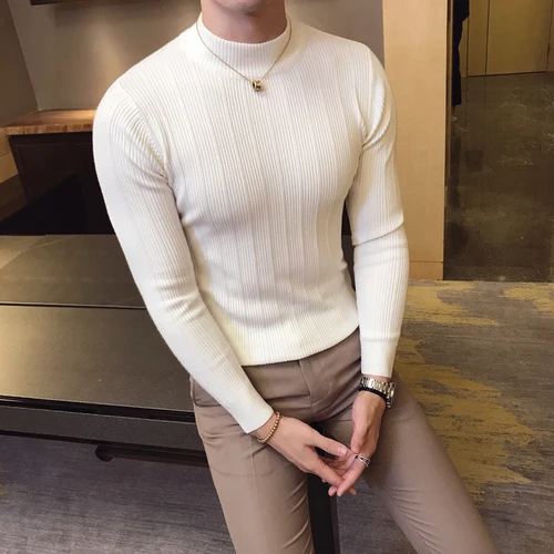 Осенне-зимний бренд высокого класса модный бутик хлопок полосатый мужской повседневный обтягивающий свитер с воротником хомут мужской однотонный вязаный свитер - Цвет: Белый