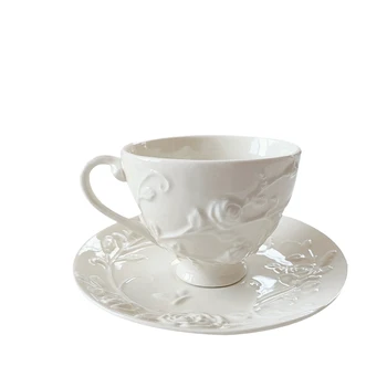 

European Coffee Cup And Saucer Set Retro Embossed Three-Dimensional Rose Light Yellow Ceramic Tea Mug Party Drinkware