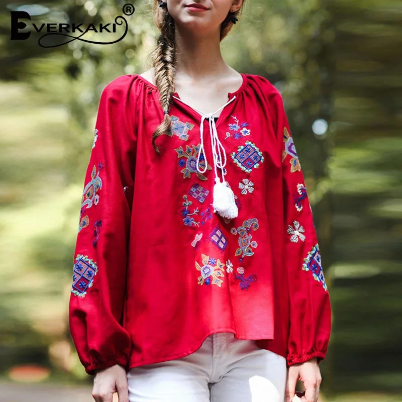 Red Everkaki блузка женские Топы Boho вышивка кисточки рубашки винтажные женские цыганские Блузки Топ шикарный женский Весна Осень новинка - Цвет: Red