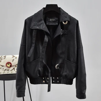 

2020 New Fashion Women Short Pu Leather Punk Jacket Loose Faux Leather Coats Female Motorcycle Leather Coat Outerwear