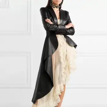 

Korean Pu Leather Women Trench Coat Solid Lapel Long Sleeve Autumn Hem Irregular Windbreaker Female Black Trench