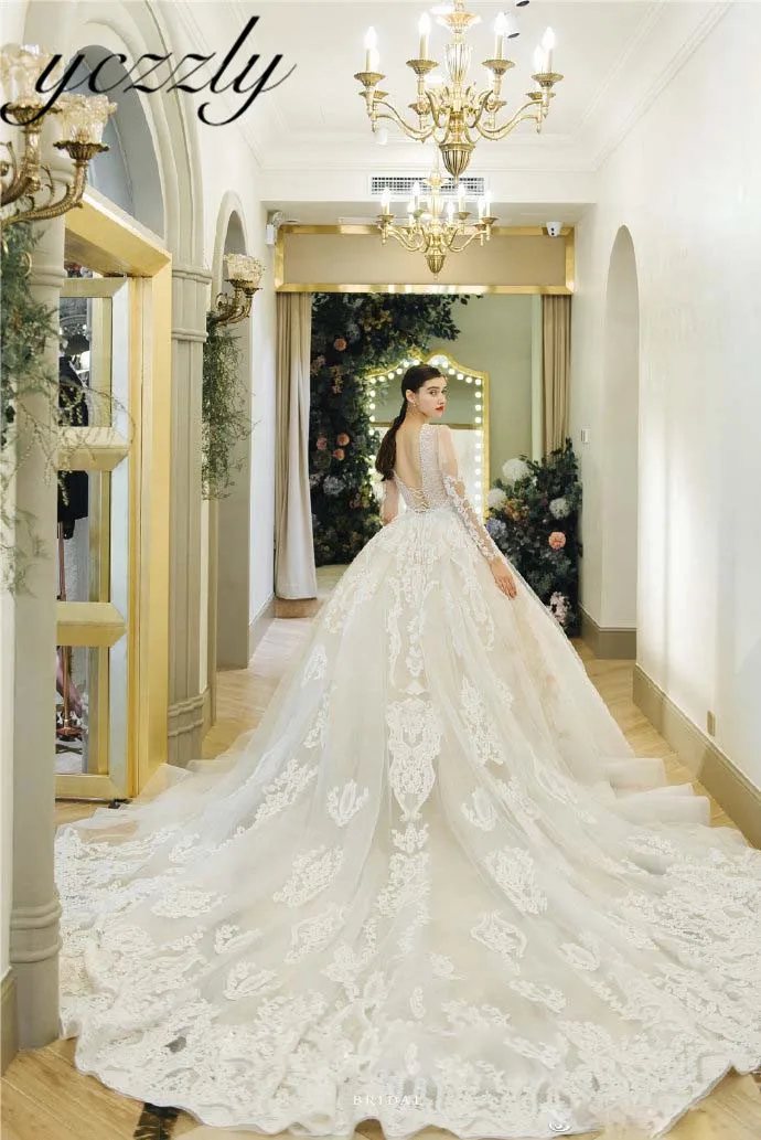 Robe De Mariee винтажное бальное платье с круглым вырезом кружевное свадебное платье с жемчугом размера плюс длинные рукава аппликации свадебное платье со стразами W189