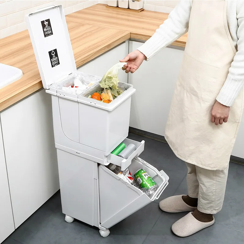 New 3 Layers Kitchen Waste Bin Wet Dry Garbage Sorted Can Home Storage Bucket With Wheels Trash Large Capacity Recycle Tank | Дом и сад