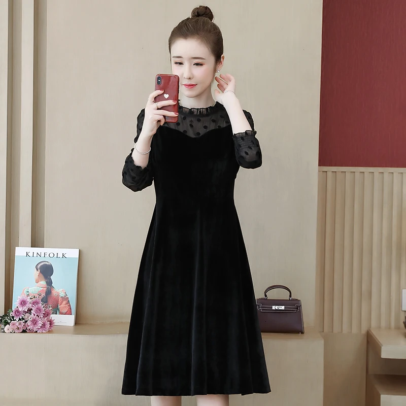 

Dot Patchwork Loose Elegant High Waist Plus Size Casual O-Neck Long Sleeve Winter Velvet Dress Autumn Women Female Mujer New