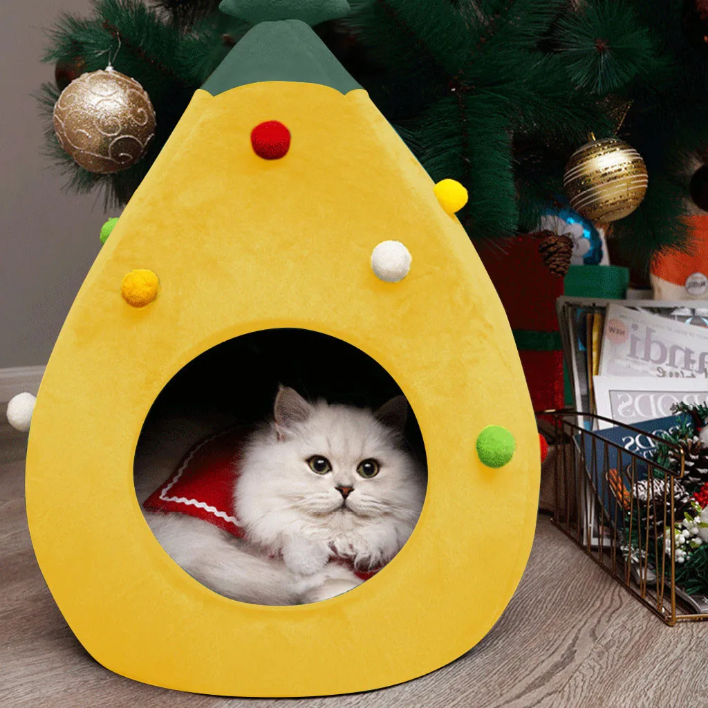 Модная кровать для питомца, собаки, кошки, милая Рождественская форма елки, домик для кошки, полузакрытый Рождественский теплый мягкий домашний домик для кошки, зимний домик для кошки