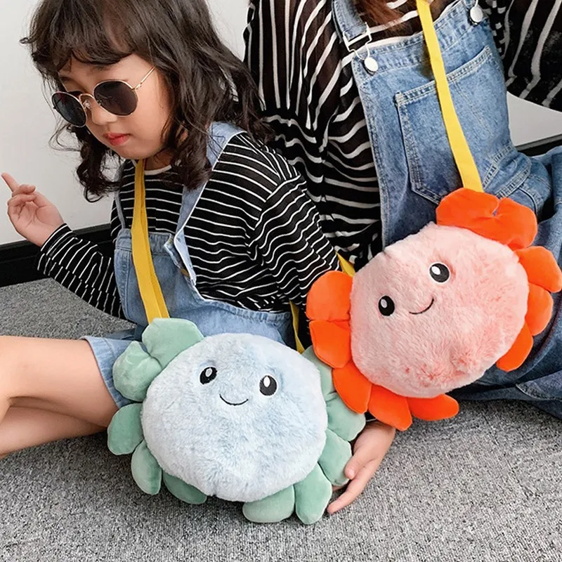 

Children Girls Bags Plush Messenger Bag Kindergarten Baby Shoulder Bags Fashion Cartoon Crab Zipper Baby Girls Boys Cute Bag
