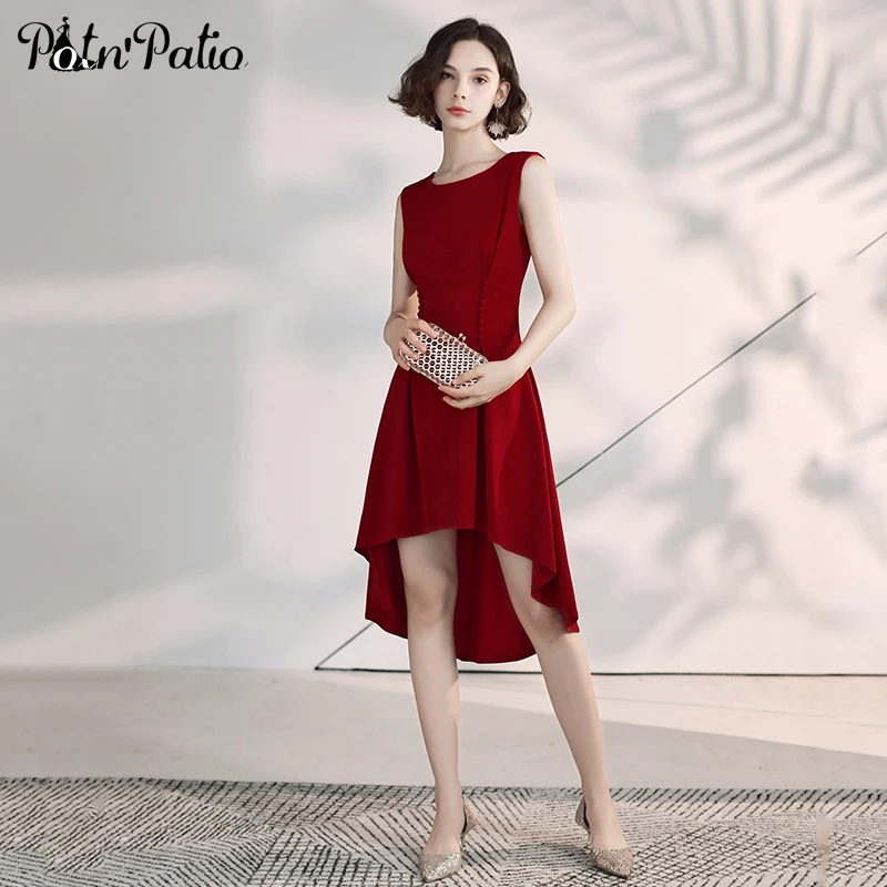 

Elegant Simple High Low Evening Dresses 2019 New Shoulder Straps Sleeveless Spandex Satin Wine Red Short Prom Dresses 2019