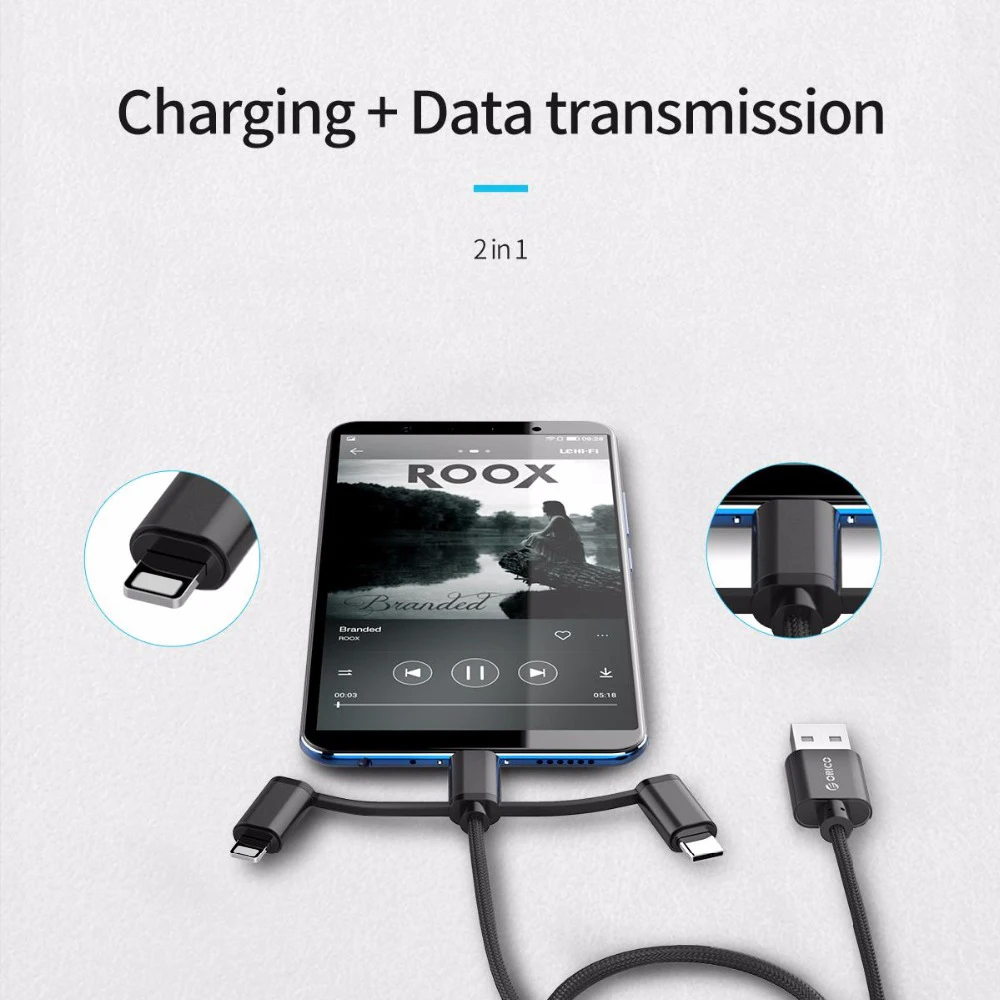 ORICO 3 IN 1 Type C Micro USB C Cable For iPhone 8 X 7 6 6S Plus iOS 10 9 8 Samsung Nokia USB Fast Charging Nylon Cables Cord (2)