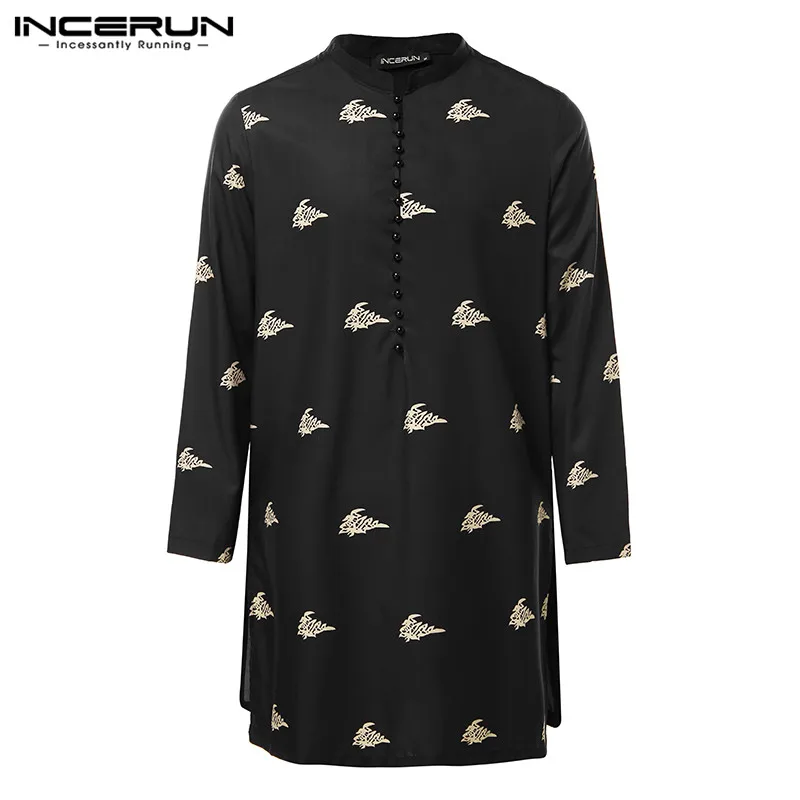 Goedkoop INCERUN Lange Mouw Mannen Shirts Gedrukt Retro Knop 2019 Stand Kraag Lange Shirts Mannen Indian Tops Streetwear Casual Truien 7