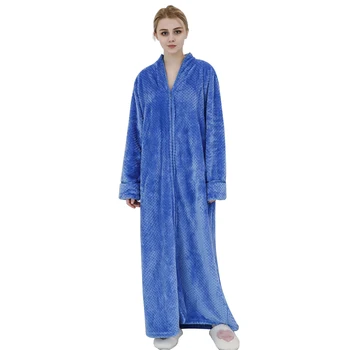 

Women Night Hooded With Pockets Autumn Winter Long Sleeve Soft Solid Dressing Gown No Lint Bath Warm Thick Zipper Up Flannel