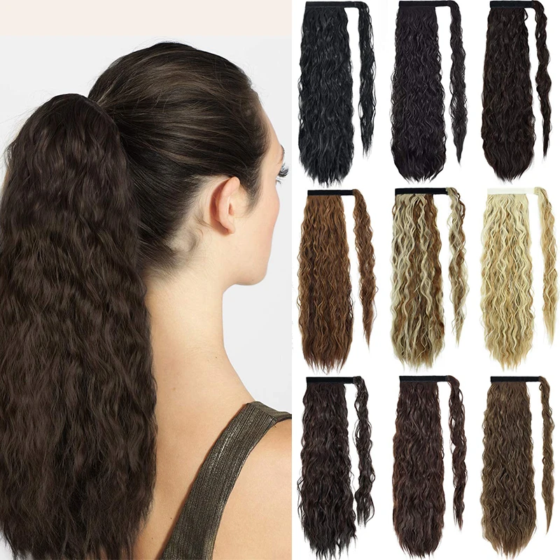 

Wavy Ponytail Hair Extension for Women Synthetic Wrap Around Magic Paste Ponytail Corn Clip in Hairpiece Black Fake Hair