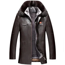 Русская зимняя кожаная куртка с воротником из натурального меха, Мужская утолщенная длинная куртка-ветровка, новая модная теплая кожаная мужская куртка черного и коричневого цвета