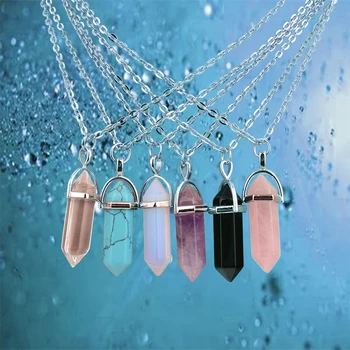 

Hexagon Pendant Necklace Crystal Natural Stone Necklace Hexagonal Column Natural Stone Bullet Choker Necklace