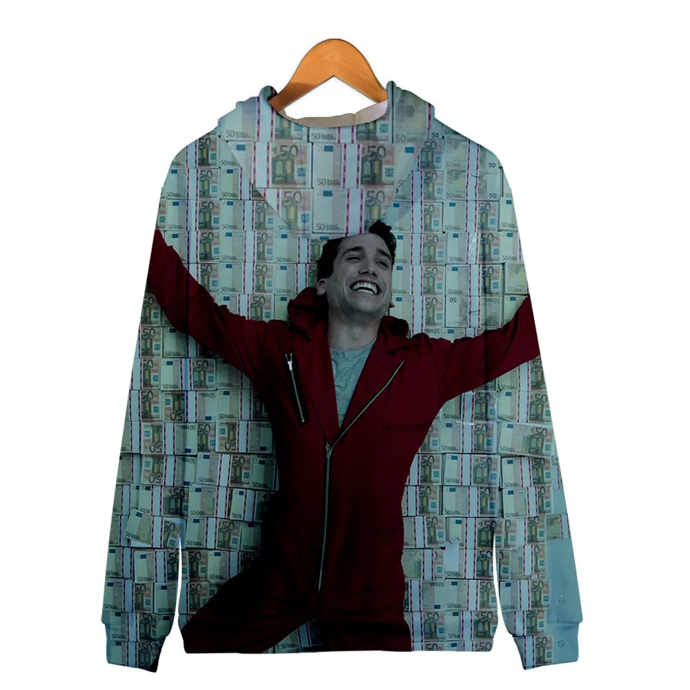 Модные унисекс крутые толстовки с капюшоном на молнии с 3D принтом сериал La casa de papel Money Heist House Of PAPER Свободная одежда