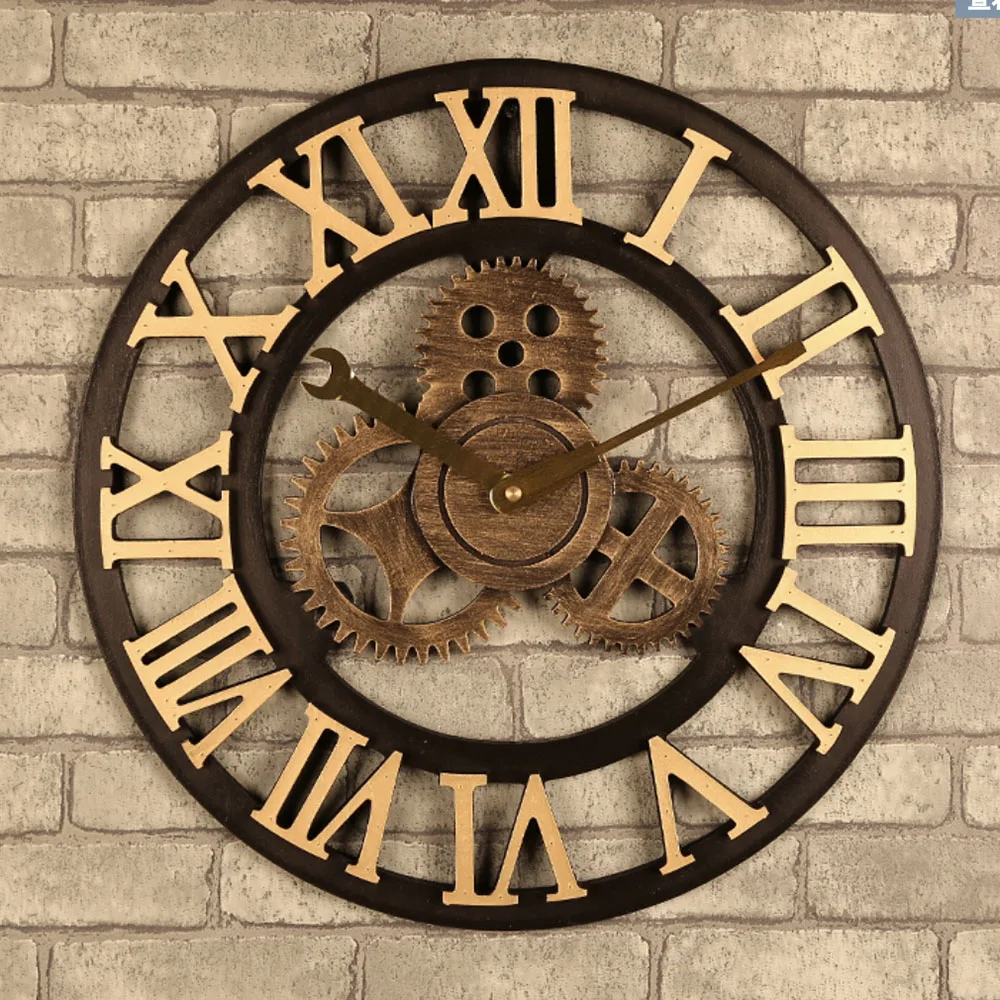 Gear Large Wall Clock Modern Design Clocks Quartz Time Mute Watch Wooden  Decor 3D Vintage Horloge Saat - 5