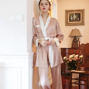 

Women's Silk Nightwear Solid Patchwork Cardigan Comfort Lace-up Rob Pants Two Piece Loose Fashion Pocket Home Suit Sleepwear