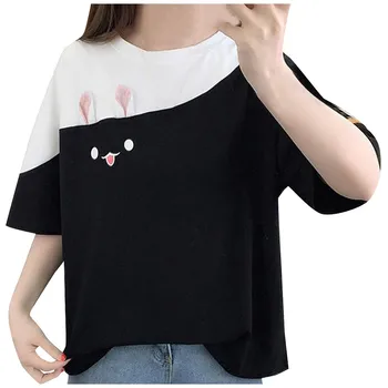 

Women's Rabbit Round Neck Short Sleeve Home shirt Loose Small Fresh Rabbit Patchwork Top Vacation Casual Summer Top 2020 New