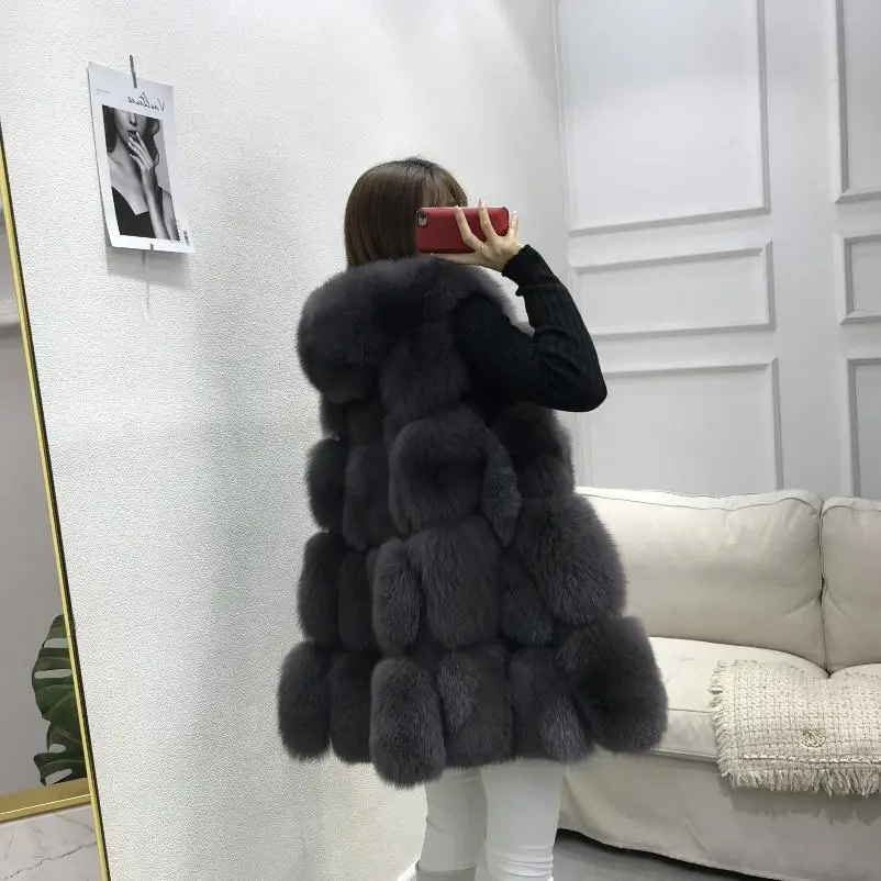 Женская зимняя натуральная лисица куртка из натурального меха пальто с мехом Женский Длинный жилет с капюшоном теплая Толстая куртка из натурального меха T95