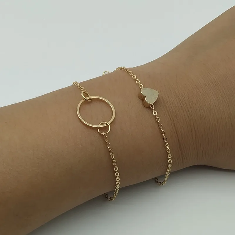 

2 PCS/lot New Simple Charm Bangle Bracelet Golden Silver Color Tiny Love Heart Bracelet Set Fashion Jewelry Dropshipping