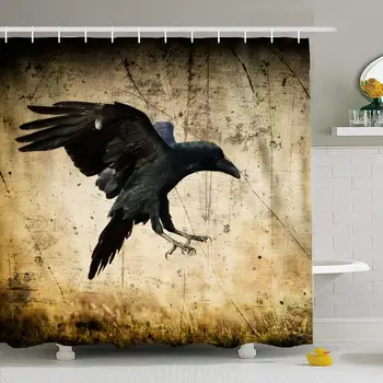 

Shower Curtain Set with Hooks 66x72 Landing Black Scary Raven Corvus Corax Horror Moonlight Animals Eye Profile Wildlife in