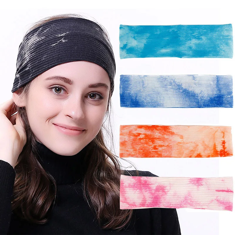 

2020 New Headwear Tie Dyed Ribbed Cotton Elastic Hairbands Wide Headband Hair Accessories Turban Headwrap Women Headband