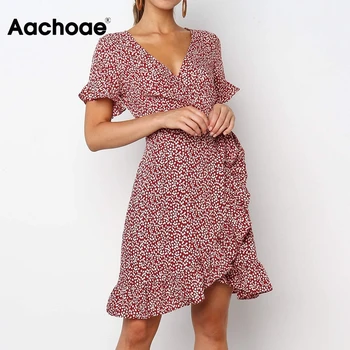 

Summer Floral Print Boho Ruffle Mini Dress Women 2020 A Line Short Sleeve Elegant Party Dresses Sexy V Neck Wrap Beach Dress