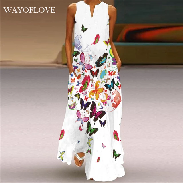 WAYOFLOVE Butterfly Printed White Dress 2021 Casual Breathable Long Dresses Summer Woman Sleeveless Girls Beach Maxi Dress Women 1