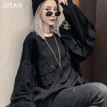 

XITAO Lace Diamond Stitching Sweatshirt Fashion New Patchwork Lantern Sleeve Pullover Pleated Loose Minority Sweatshirt DMY2277