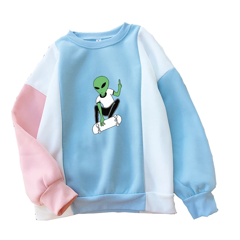 

Skateboard Alien Cartoon Print Hoodie Autumn Winter Fleece Color Block Stitching Sweatshirt Women Harajuku Kawaii Sudaderas Tops