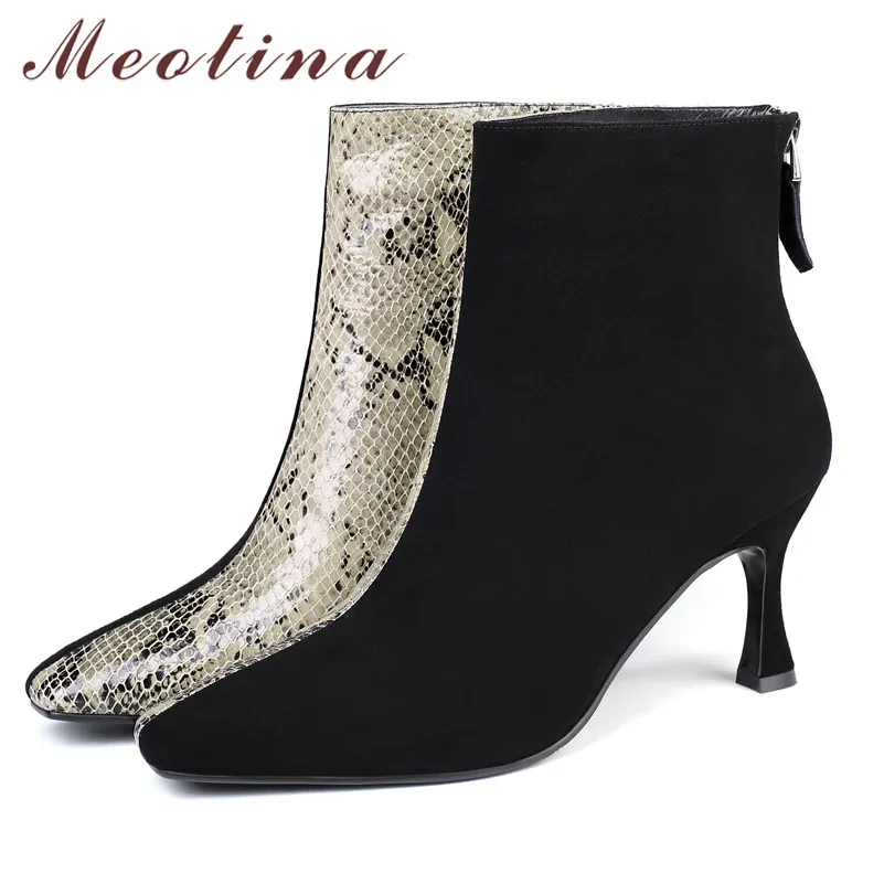 

Meotina Autumn Ankle Boots Women Kid Suede Zip Thin High Heels Short Boots Snake Print Square Toe Shoes Female Black Size 34-39