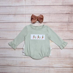 Barboteuse à manches longues pour filles, vêtements d'automne, gris, vert, motif brodé de trois canards sauvages, pour bébés et tout petits 