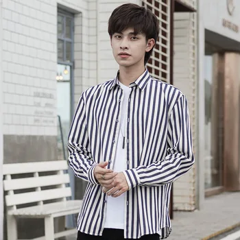 

Long-sleeved Shirt Men Trend New Style Japanese-style Relaxed Casual Stripes Shirt Men's Pure Cotton Print Shirt Coat