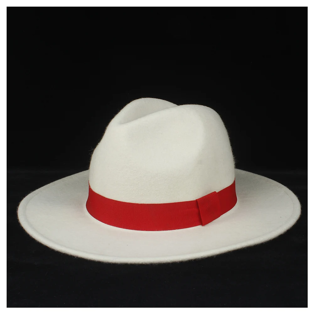 100% шерсть аутентичная Женская Белая Шляпа Fedora с красной лентой элегантные
