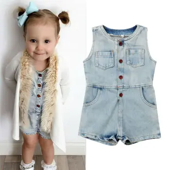 

2019 Baby Summer Clothing Toddler Kids Baby Girls Denim Romper Sleeveless Single Breasted Solid Blue Jumpsuit Playsuit Outfits