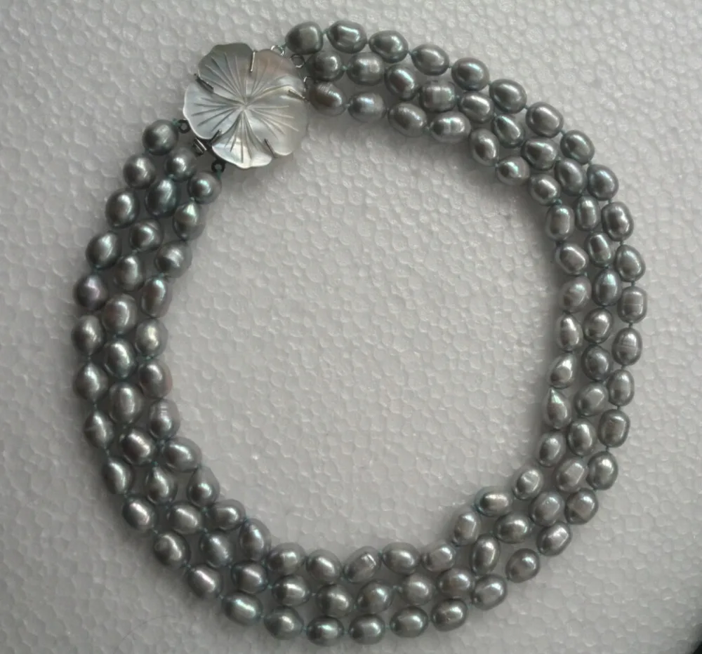 Jewelr 004794 3strands NATURE GRAY RICE freshwater pearl necklace