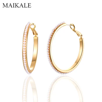 

MAIKALE New Luxury Gold Hoop Earrings Whole Pearl Two Size Circle Earrings for Women Jewelry Fashion Accessories Gifts Brincos