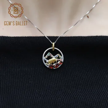 

GEM'S BALLET 925 sterling Silver Tibet Snow Mountain Yak Animal Pendant Natural Red Garnet Necklace For Women Fine Jewelry