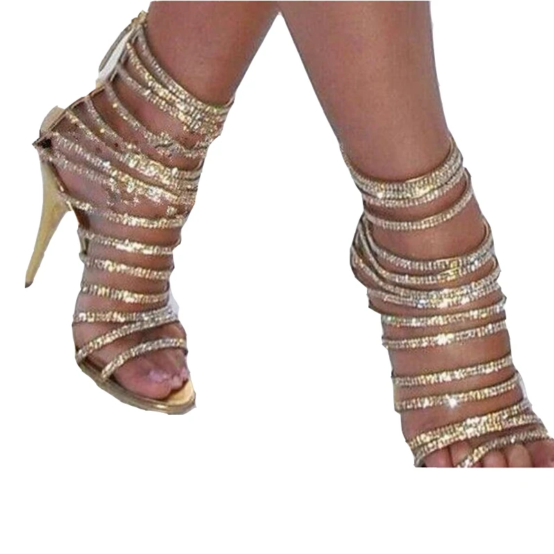 2021 Fashion Gold Evening Shoes Rhinestone Stiletto Heel Strappy Woman Sandals for Party in Spring Summer Narrow Bands shoes | Обувь