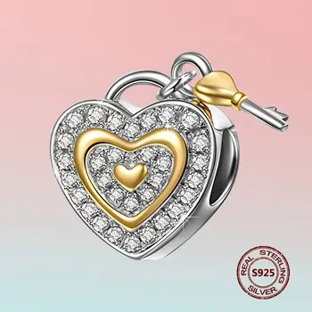 

925 Sterling Silver Heart & Keys Beads Sparkling Zircon Charm DIY Original Bracelet Necklace Pendant For Women Wedding Jewelry