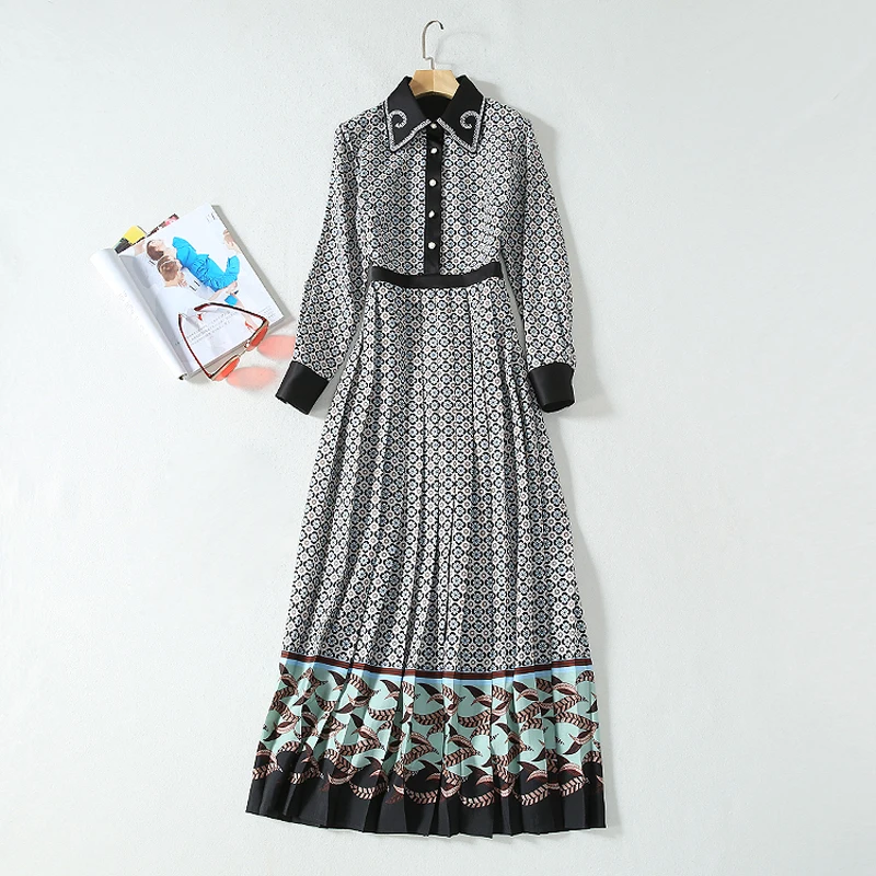 

HIGH QUALITY 2020 Newest Runway Spring Dress Women's Elegant Long Sleeve Black Flowers Print Embroidery Flow Maxi Long Dress