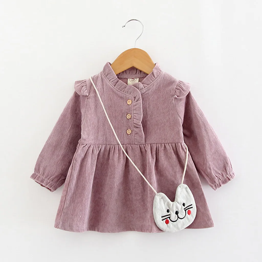 Платье для маленьких девочек vestido Infantil Menina فساتين اطفال осеннее модное платье с длинным рукавом, сплошной оборкой платье принцессы+ сумочка, Комплект одежды