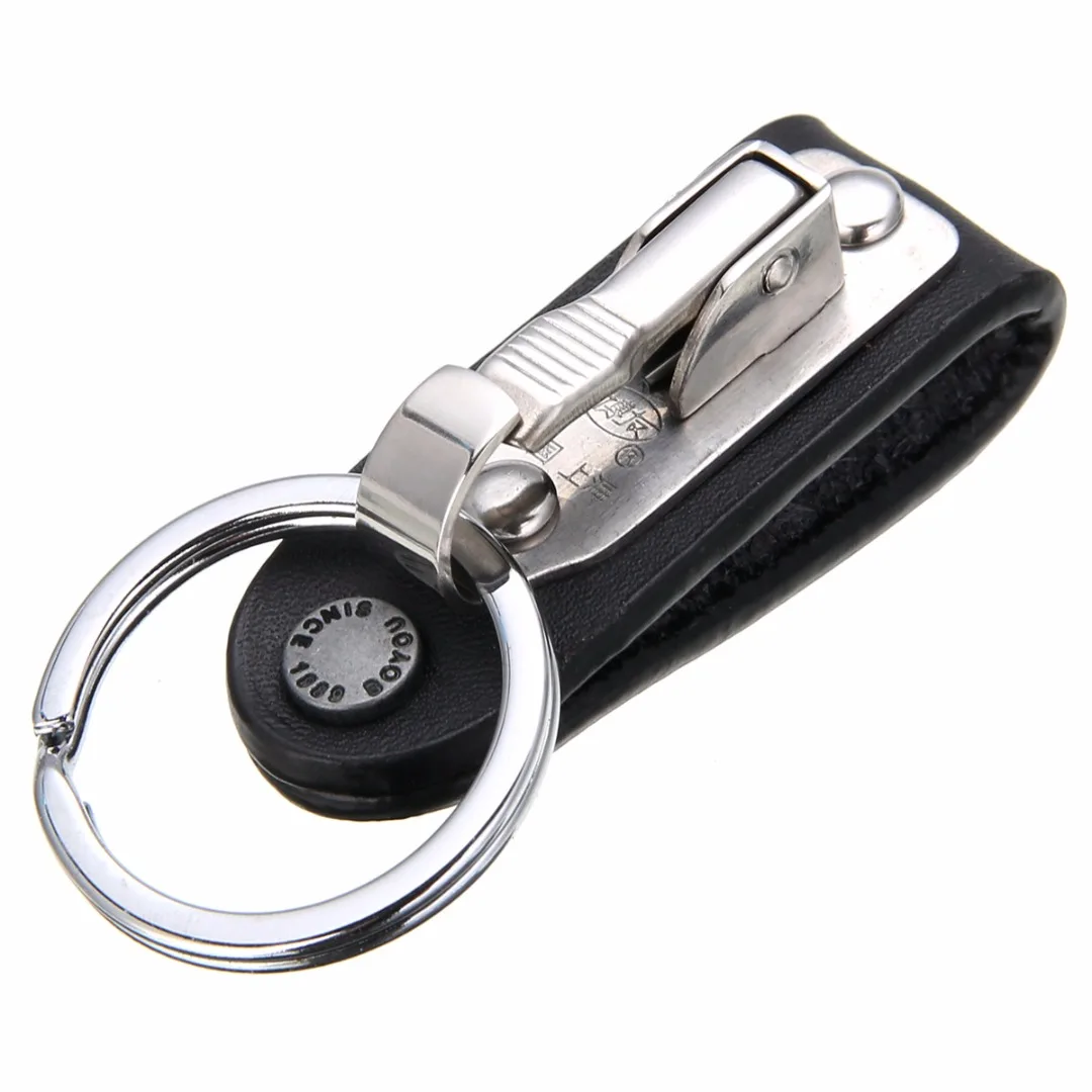 Stainless Steel Belt Clip Ring Holder Keyring Black Leather Detachable Key Chain 