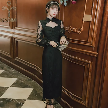 

YOSIMI 2020 Summer Maxi Evening Party Dress Chinese Style Long Cheongsam Short Sleeve Sheath Vestidos Black Long Women Dress