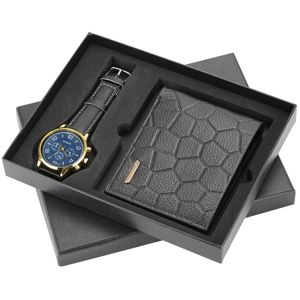 

2 PCS /Set Boutique Gift Set Wallet + Cool Leather Belt Quartz Watch Wrist Watch