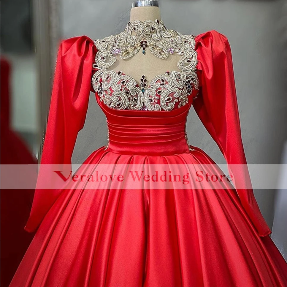 satin prom dress Red High Neck Prom Dress 2022 robe de soirée de mariage Beads Appliques Long Sleeves Satin abendkleider Evening Dress yellow prom dresses