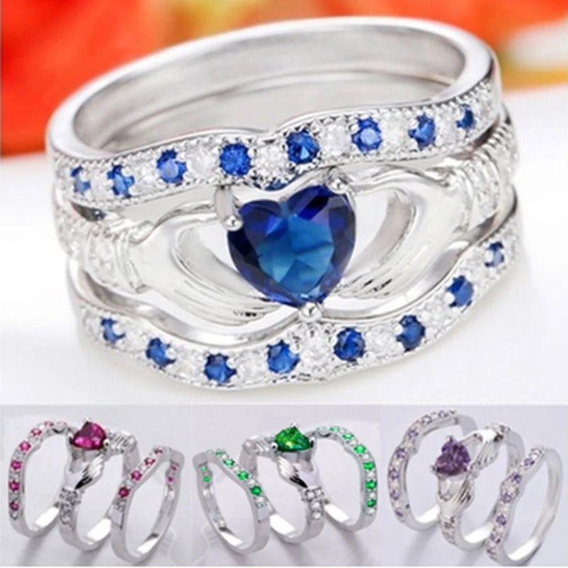 Модное кольцо Claddagh в форме сердца с синим кристаллом Женский комплект