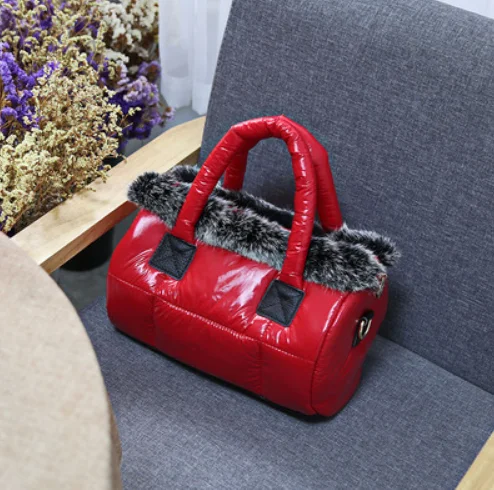 Down bag winter new women's bag space cotton bag rabbit fur fur bag shoulder Messenger bag luxury women designer handbags - Цвет: 4