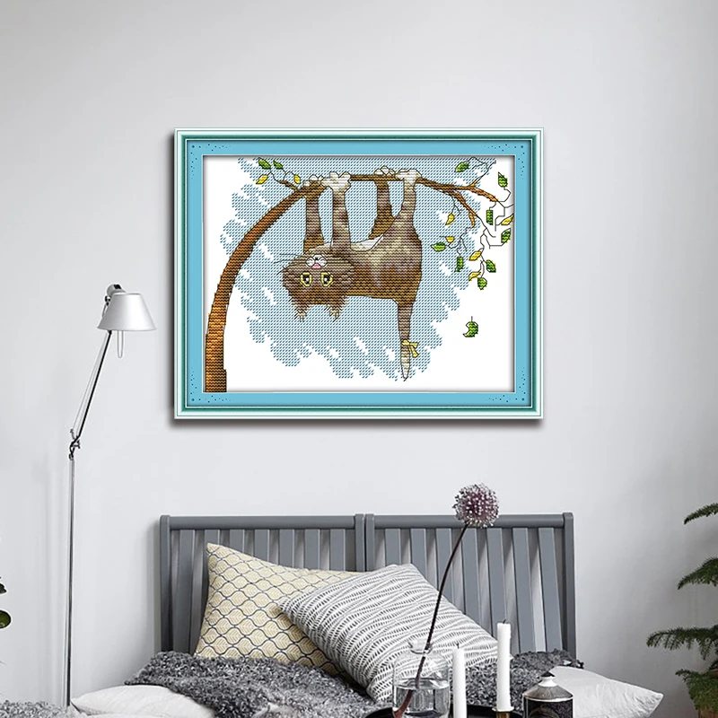 

Joy Sunday DIY Cross Stitch Kit Cat hanging upside down on a tree pattern Printed for living room Chinese embroidery needlework